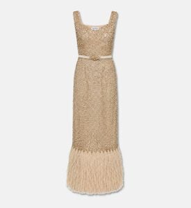 Suzy Matar Sequined Tulle Feather Hem Gown, Gold, S, Packshot View