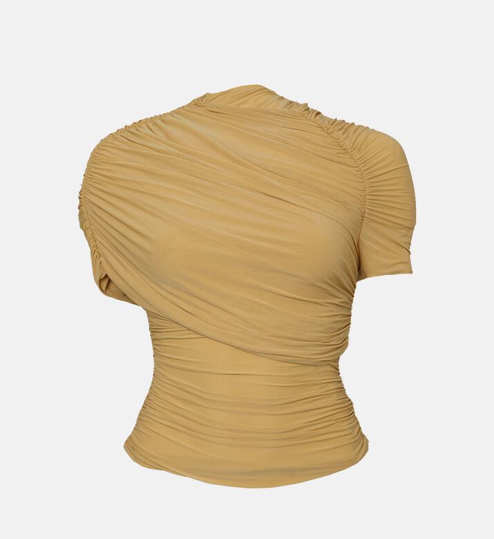 بلوزة بياقة غير متماثلة مزينة بطيات