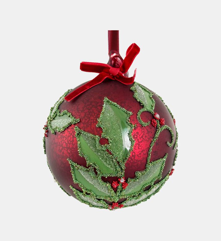 Shishi Glass Matte Beaded Holly Pattern Ball, Red, 8-cm, Packshot View