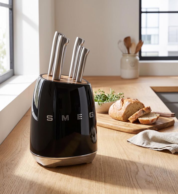 Smeg 6-piece Stainless Steel Knife Block Set, Black, Model View