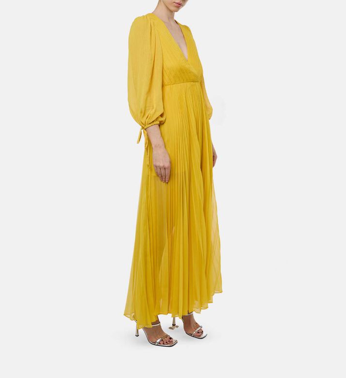 Pleats-detail Long-sleeve Flared Dress