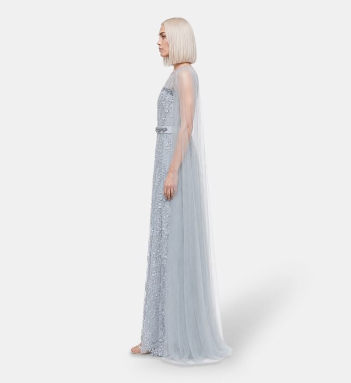 Suzy Matar Beaded Cape-sleeve Evening Gown, Blue, S, Model View