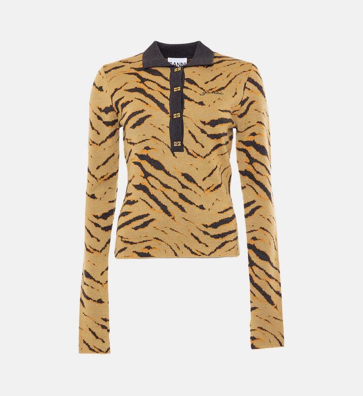 Ganni Logo-engraved Buttons Tiger-stripe Polo Shirt, Packshot View