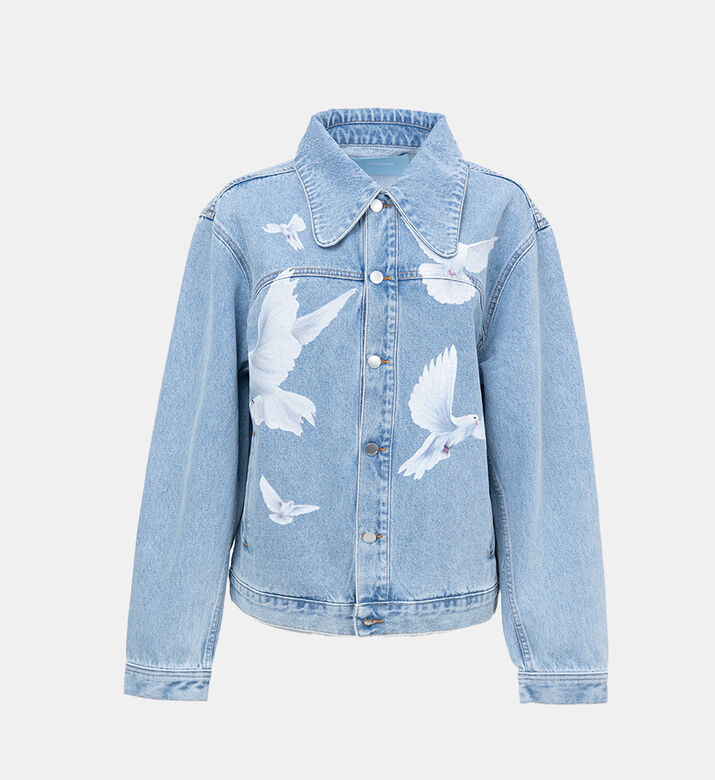 قميص فضفاض بدنيم مغسول بطبعة طيور