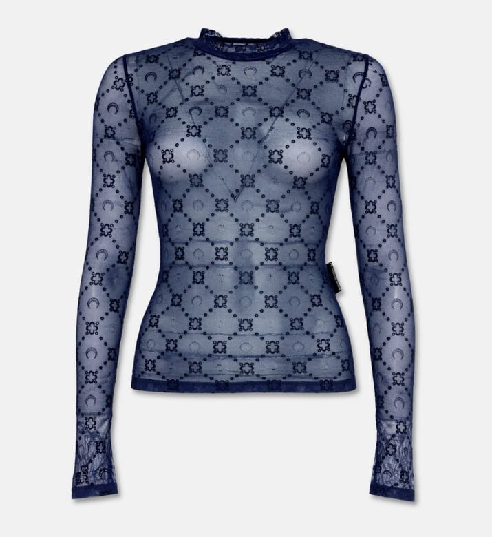 Marine Serre Monogram Mesh Flock High Neck Top, Navy, L, Packshot View