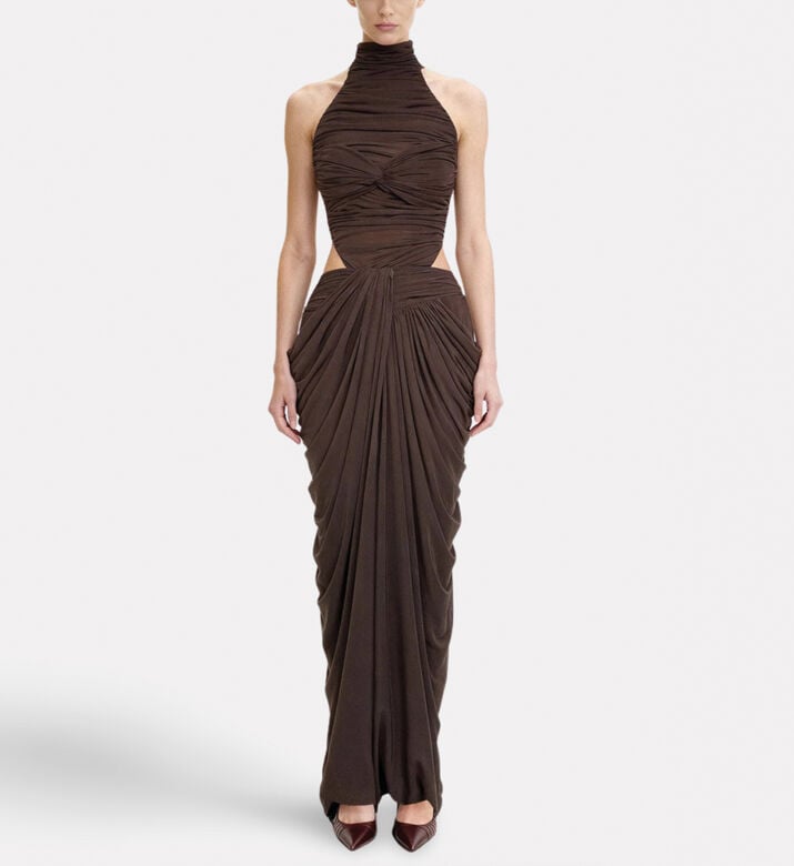 JW PEI Ruched Twist-front Halter Bodysuit, Model View