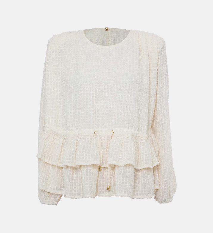 Pleated Sleeve Ruffle Hem Blouse