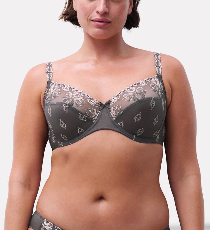 Chantelle Embroidered Underwired Bra, Dark-grey, 105, D, Model View