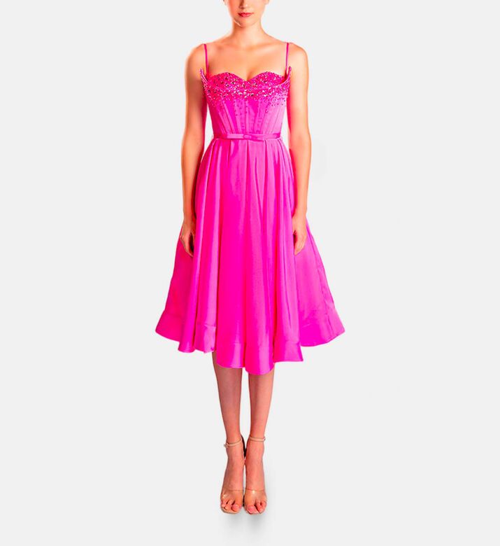 Michael Cinco Hand Beaded-embroidery Corset Midi Dress, Pink, S, Model View