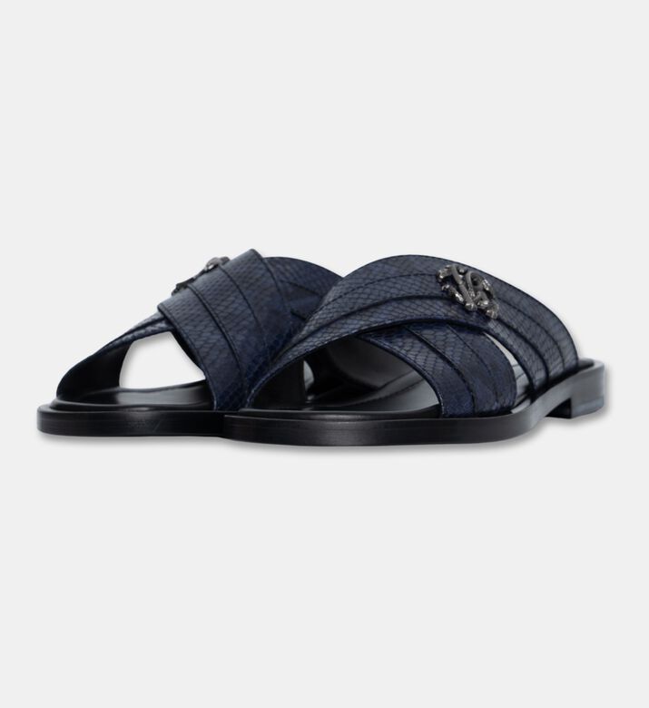 Roberto Cavalli Leather Snake-print Slippers, Navy, Eu-44, Packshot View