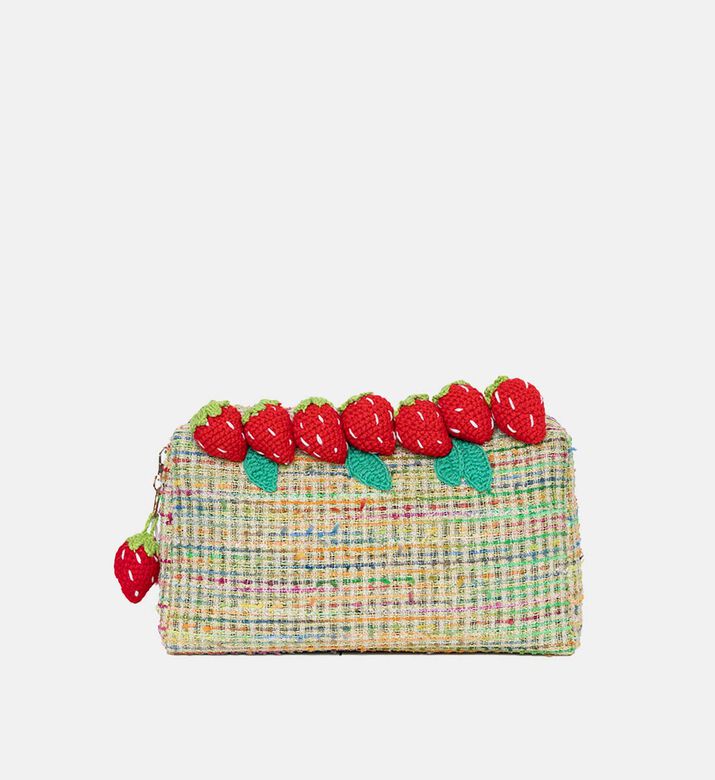 Crocheted Strawberry Charm Woven Pouch