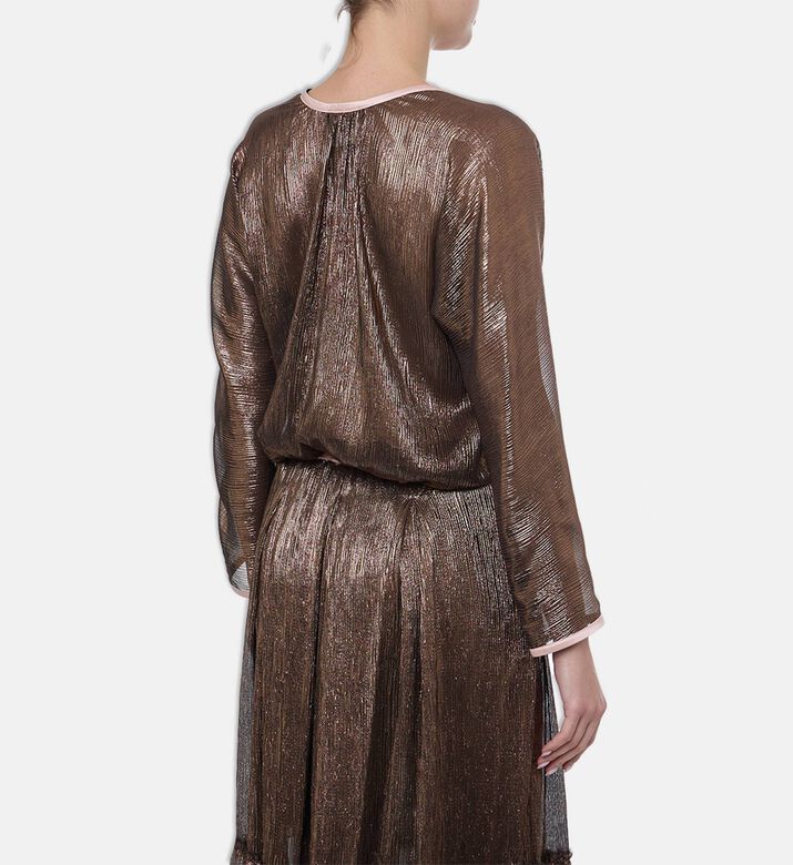 Forte-Forte Crinkled Lamé Kimono Wrap Top, Brown, L, Model View