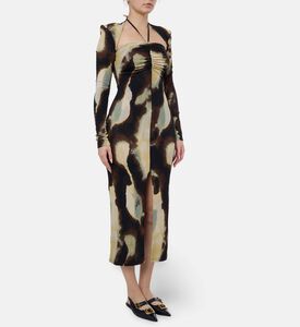 Nanushka Aponi All-over Abstract Camouflage Ruched Maxi Dress, Model View