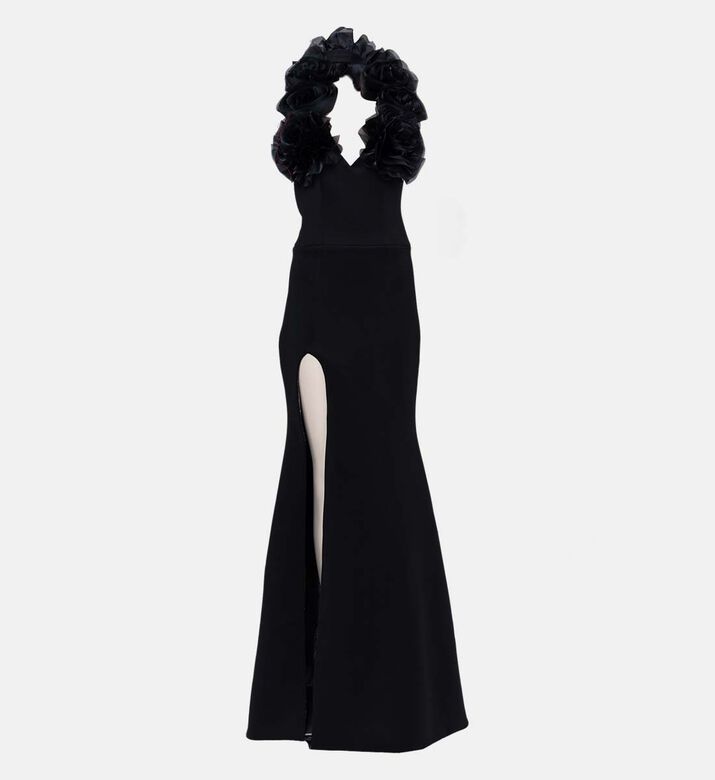 Organza Flowers Pearl Drops High-slit Gown