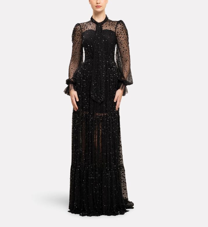 Michael Cinco Sheer Sleeves Long Dress, Model View