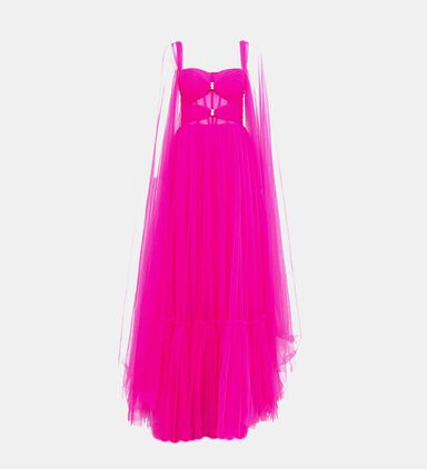 Cape Tulle Gown With Pearl Detail Corset