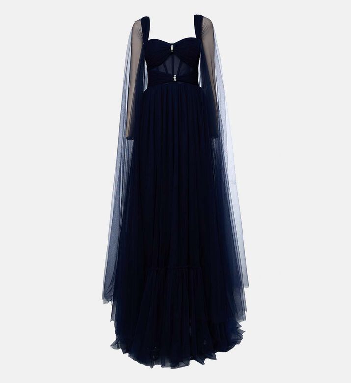 AAVVA Cape Tulle Gown With Pearl Detail Corset, Black, M, Packshot View
