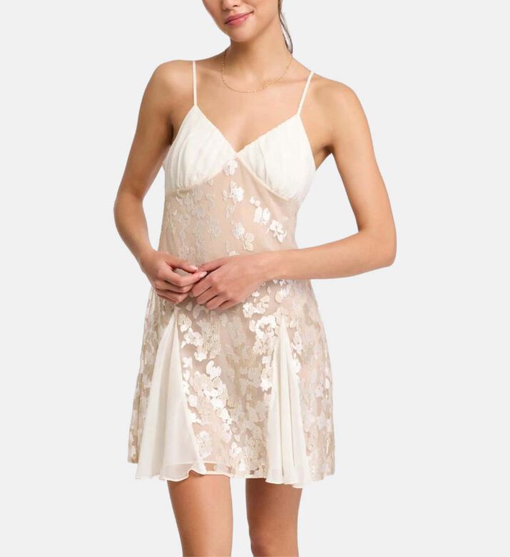 Pleated Floral Embellishment Mini Dress