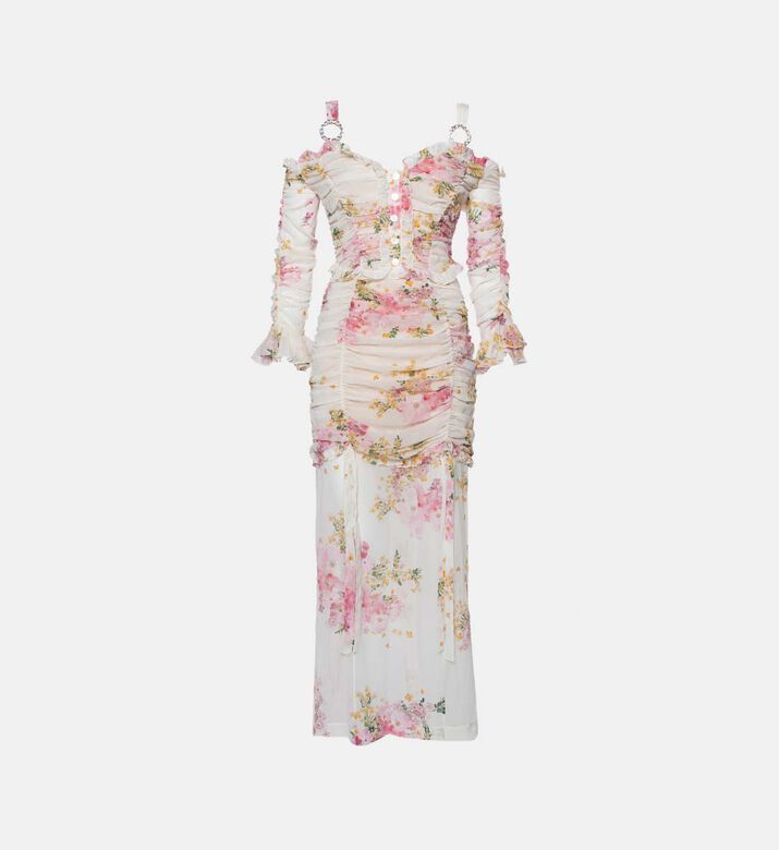 Alessandra Rich Floral Printed Silk Ruched Maxi Dress M Preowned