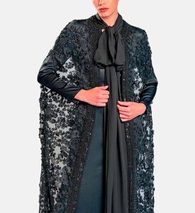 Michael Cinco Floral-embroidery Cape Flared Dress, Black, Xl, Model View