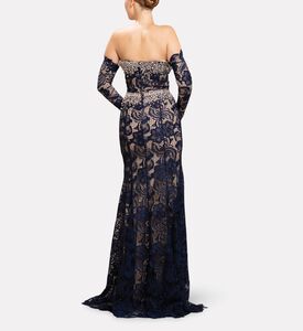 Michael Cinco Off-shoulder Lace Long Dress, Model View