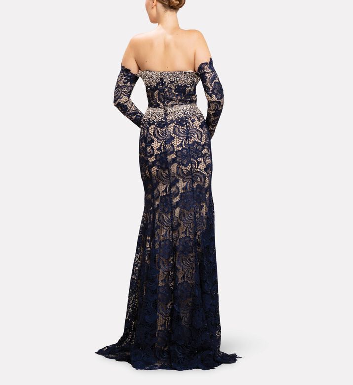 Michael Cinco Off-shoulder Lace Long Dress, Model View