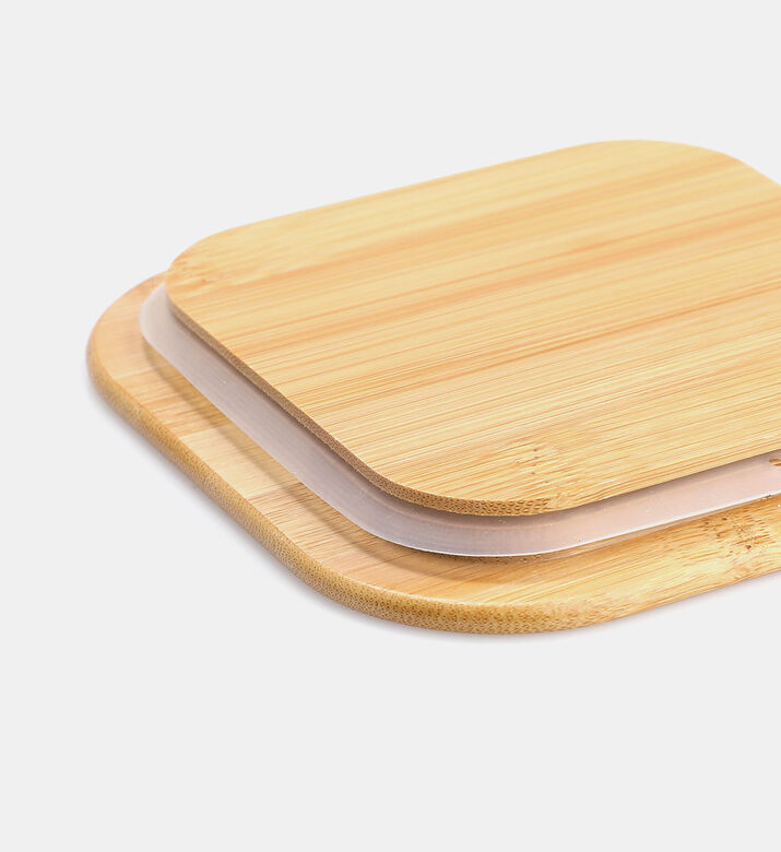 حاوية زجاجية مربعة بغطاء من الخيزران