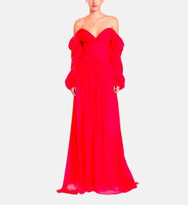Michael Cinco Rhinestone-embellished Puff Sleeve Maxi Dress, Red, S, Model View