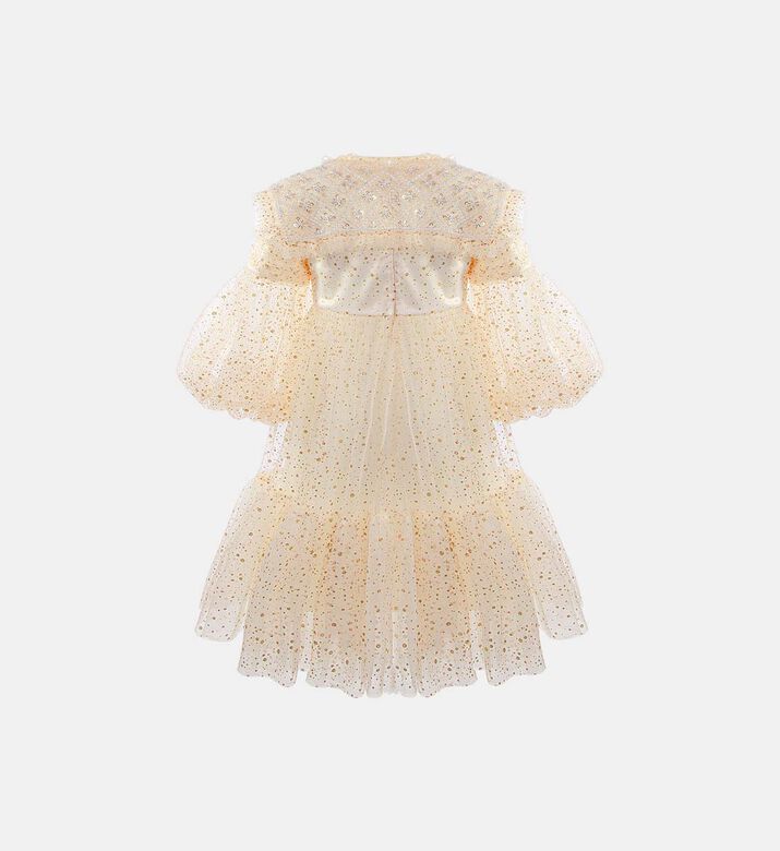 فستان ذهبي تول مخيط يدويًا ومطرز بخرز