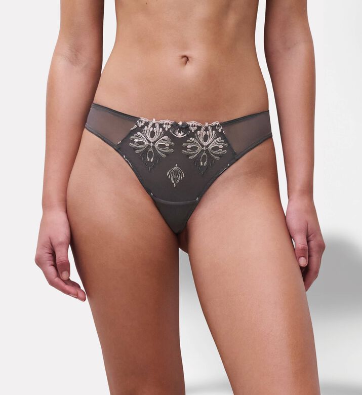 Chantelle Seamless Mesh Embroidered Tanga, Dark-grey, Xl, Model View