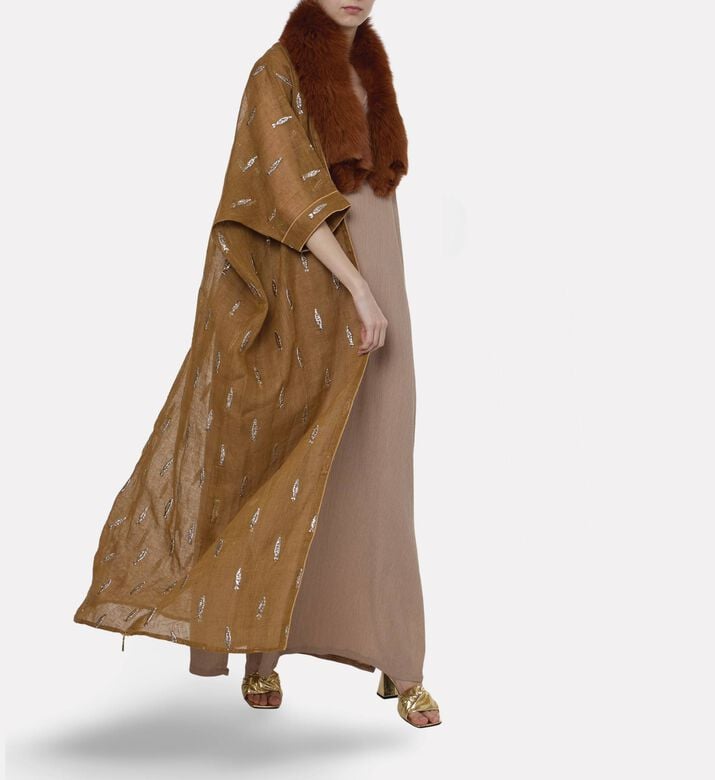 By Febe Fur Collar Embroidered Abaya, Model View