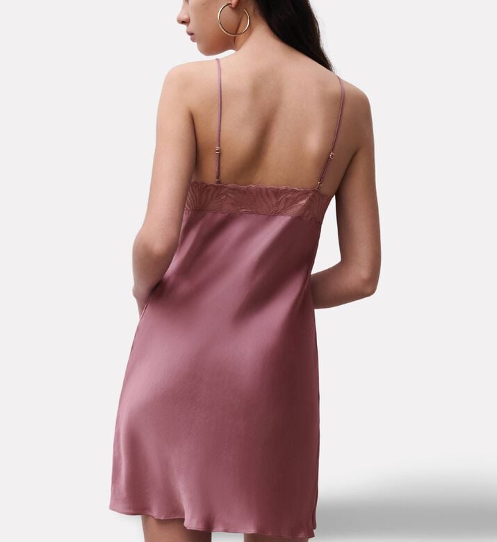 Chantelle Rosewood Satin Embroidered Lace Nightdress, Model View