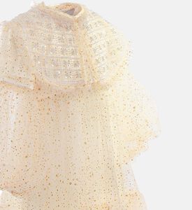 فستان ذهبي تول مخيط يدويًا ومطرز بخرز