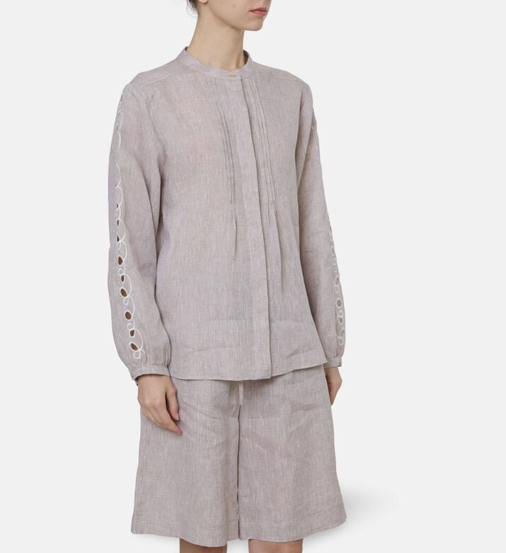 Beatrice B Linen Mandarin Collar Blouse, Model View