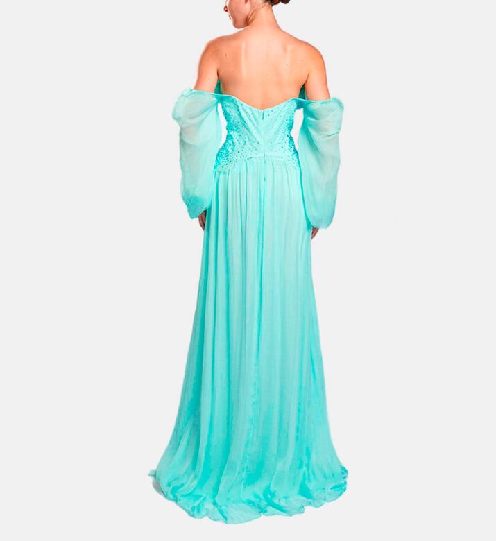 Michael Cinco Rhinestone-embellished Puff Sleeve Maxi Dress, Light-green, Xl, Model View