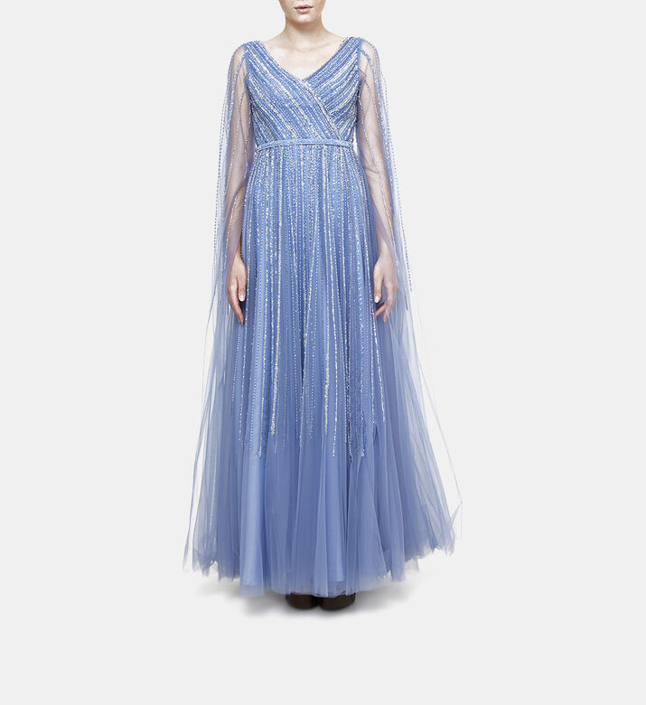 Rhinestones Cape Sleeves Flared Maxi Dress