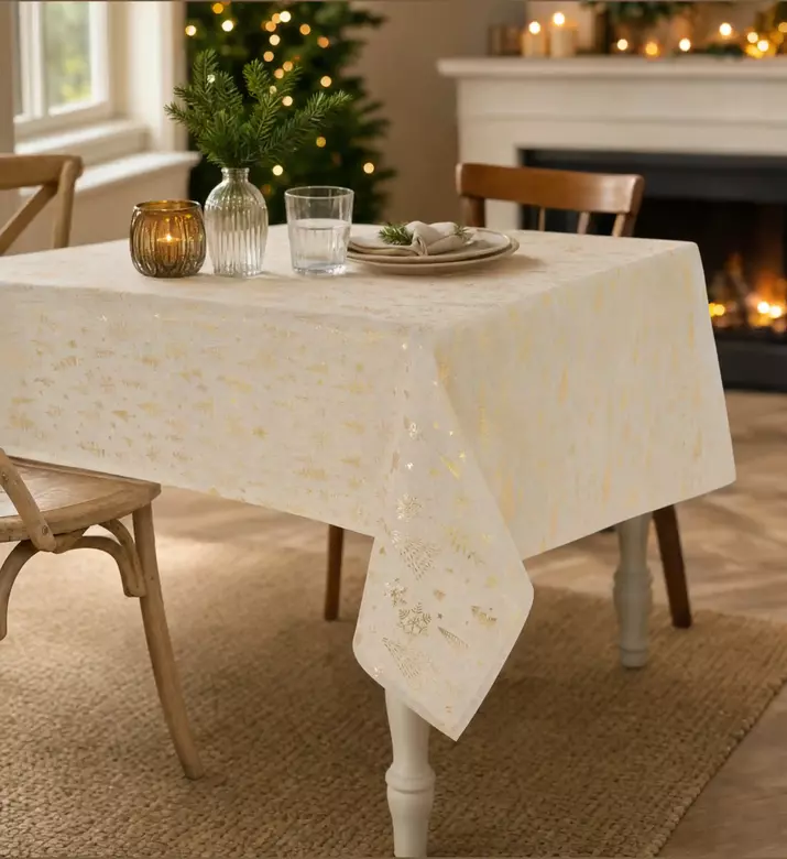 Kaemingk Rectangular Polyester Tablecloth With Foil Print, Gold, Model View