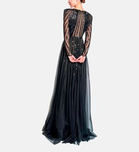 Michael Cinco Beads-embroidery Maxi Flared Dress, Black, S, Model View