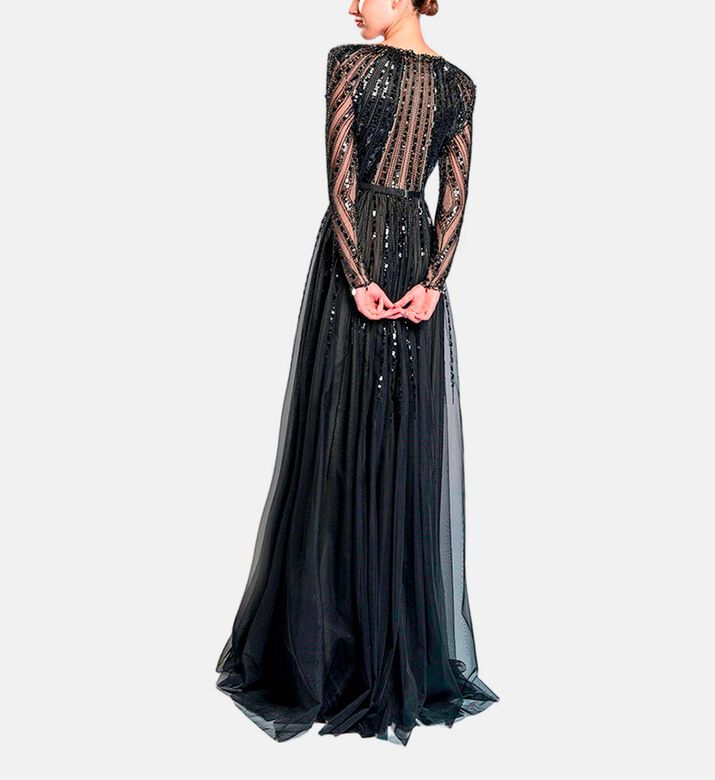 Michael Cinco Beads-embroidery Maxi Flared Dress, Black, S, Model View