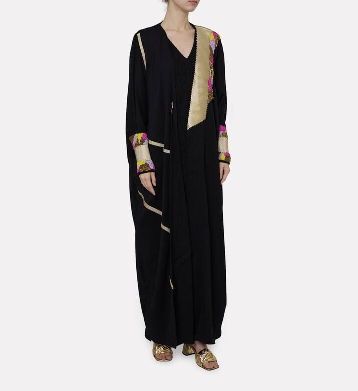 Dalia Al Azem Diagonal Gold-taping Geometric Beading Abaya, Model View