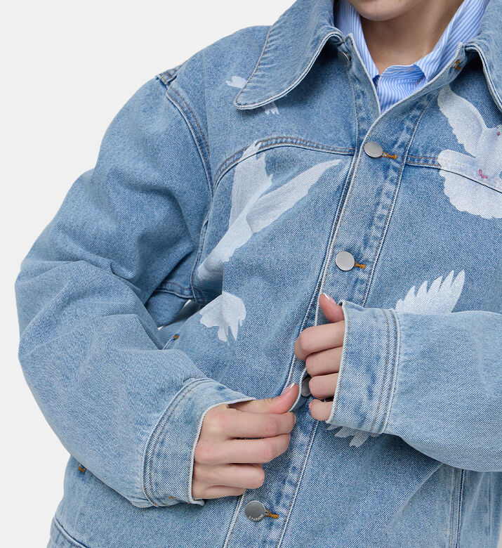 قميص فضفاض بدنيم مغسول بطبعة طيور