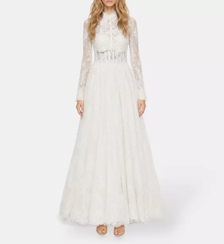 L Atelier Du Luxe Chantilly Lace Long-sleeve Gown, Model View