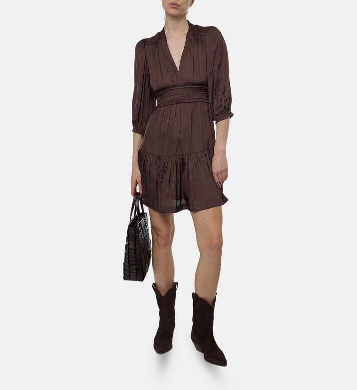 Ba and Sh Puff Sleeve V-neck Flared Dress, Model View Ba and Sh Puff Sleeve V-neck Flared Dress, Model View