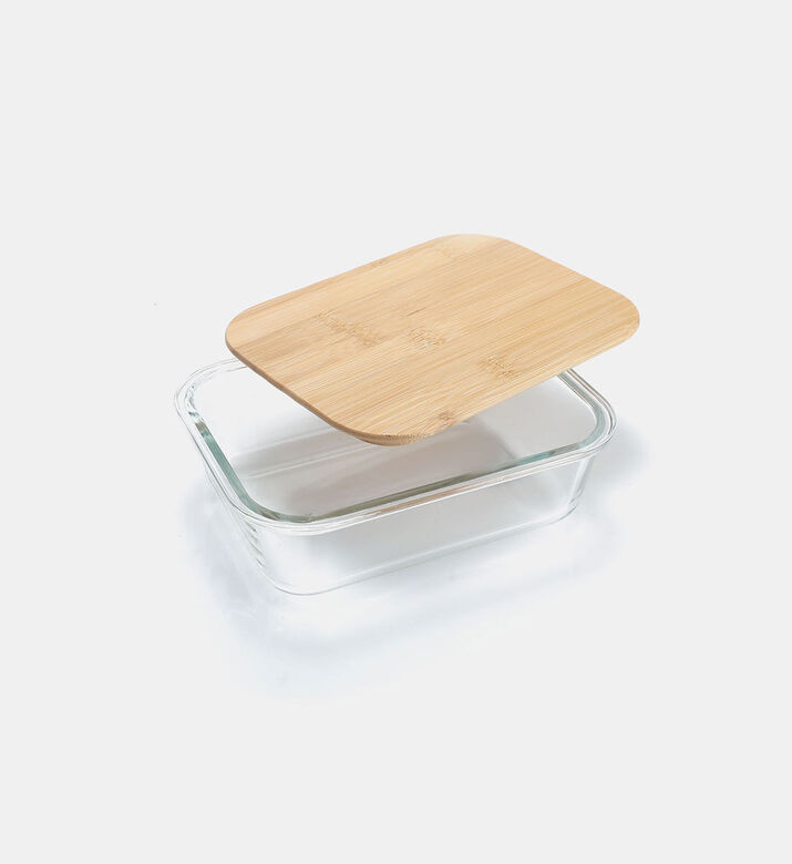 Home Deco and More Glass Rectangle Bamboo Lid Container, Transparent, 19.8x14.8-cm, Packshot View
