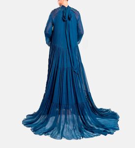 Michael Cinco Long-sleeve High Neck Flared Dress, Blue, Model View
