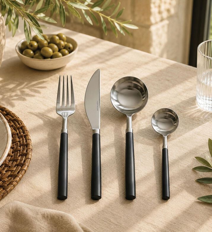 Home Deco and More Stainless Steel 18/10 Matt-finish 24-piece Cutlery Set, Black, Packshot View