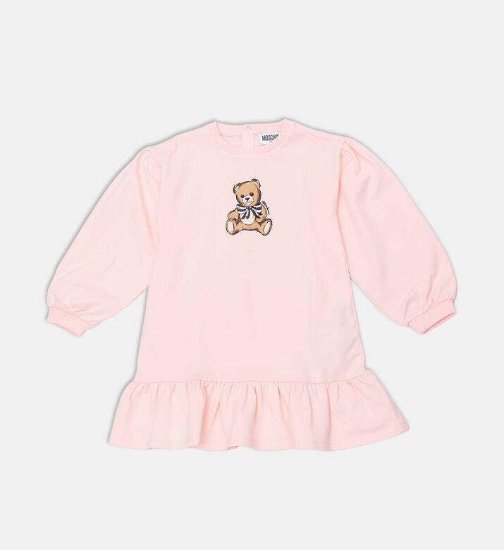 Teddy Bear Logo Ruffle Hem Long-sleeve Dress