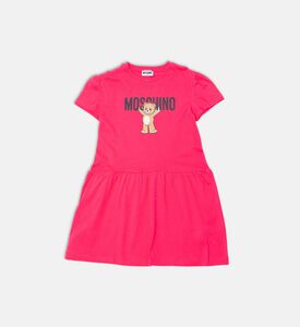 فستان قصير الأكمام بطبعة شعار دب تيدي