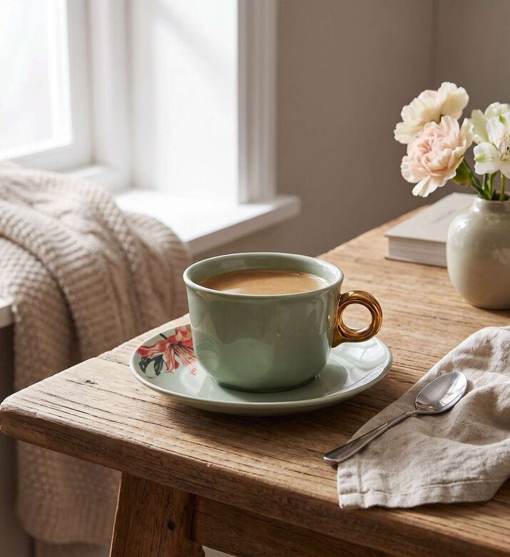 Essenza Coffee Cup And Saucer Gallery, Green, 220-ml, Model View