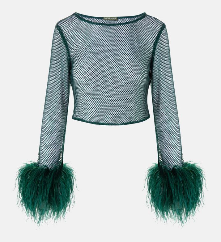 Feather-trim Long-sleeve Crystal-embellished Top